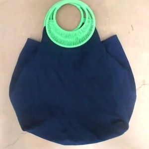 Poshly Over sized Navy VINTAGE handmade handbag with green handles